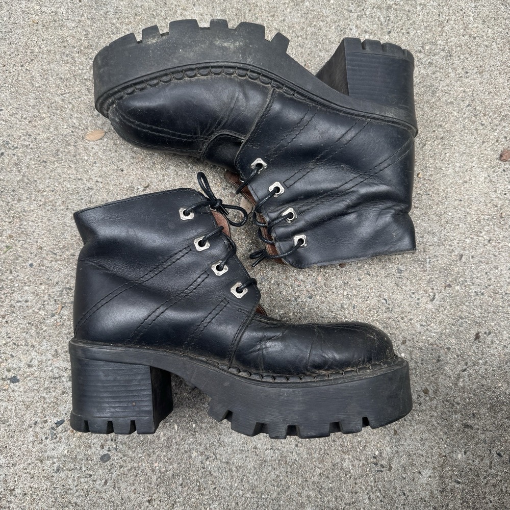 Vintage 90s Xtreme Platform Boots Black Leather Italy Goth Rave US 8 Buffalo